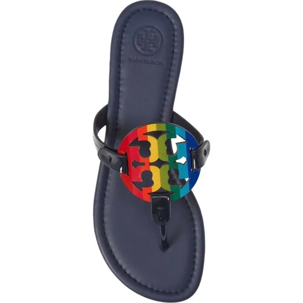 TORY BURCH Navy Blue Rainbow Logo Patent Leather Miller $258 Slides Sandal 7